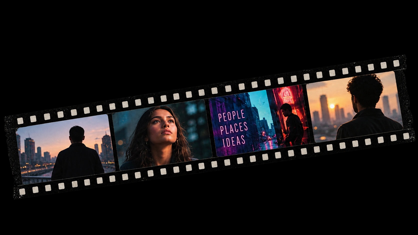 Generated concept filmstrip with four cinematic portraits and city scenes